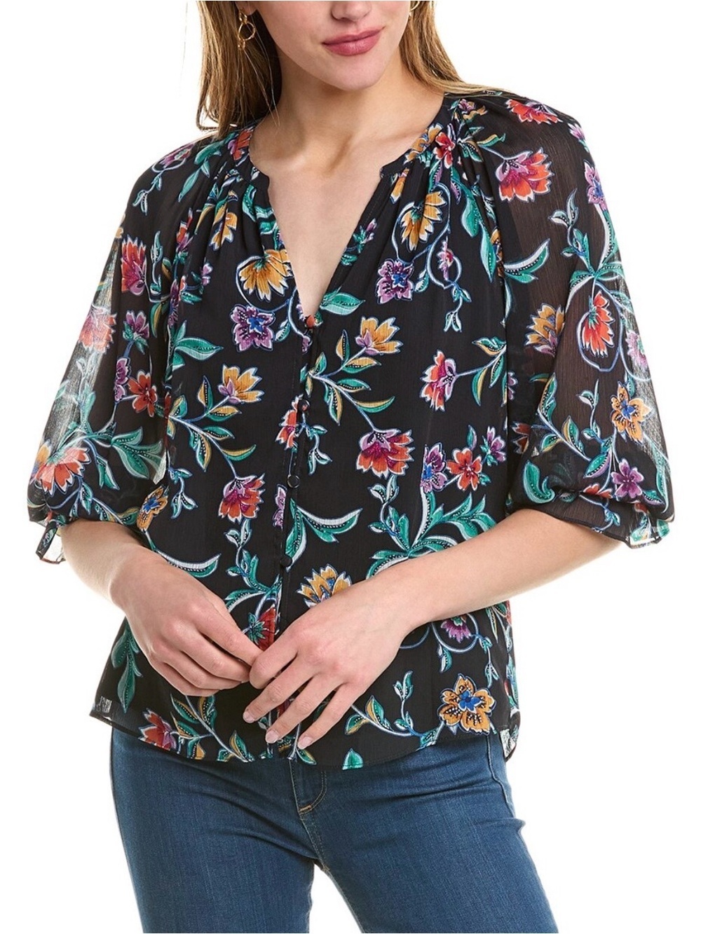 Ramy Brook Nena Floral Print V Neck Blouse  Black Colorway Size XS
